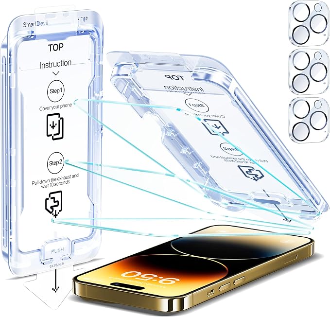 SMARTDEVIL (3+3 Pack HD Clear Screen Protector for iPhone 14 Pro Max with 3 Camera Lens Protectors 9H Tempered Glass Shatter-Resistant SmartPull Dust &amp Bubble-Free Install Frame Case-Friendly