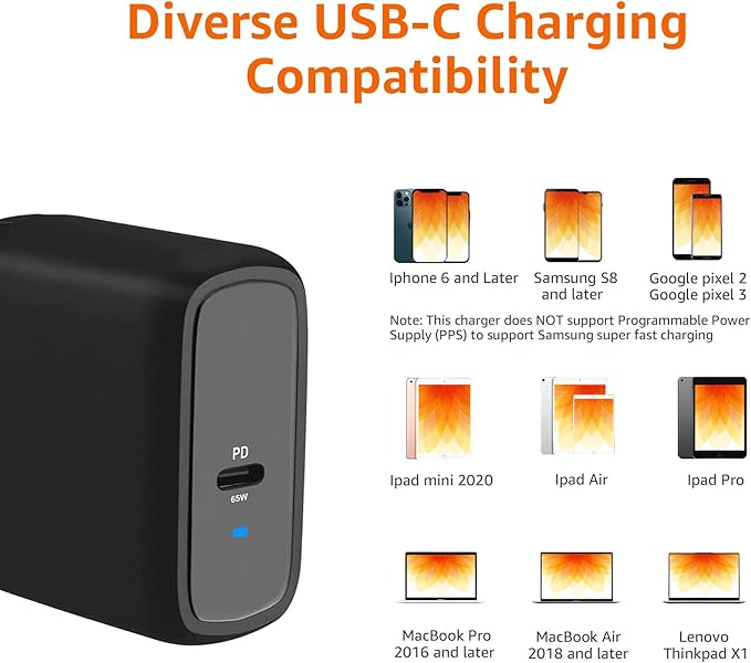 Amazon Basics 68W Two-Port GaN Wall Charger with 1 USB-C (60W) &amp 1 USB-A Ports (18W) with PD for Laptops Tablets &amp Phones (iPhone 16/15/14/13/12/11/X iPad MacPro Samsung More) Non-PPS B