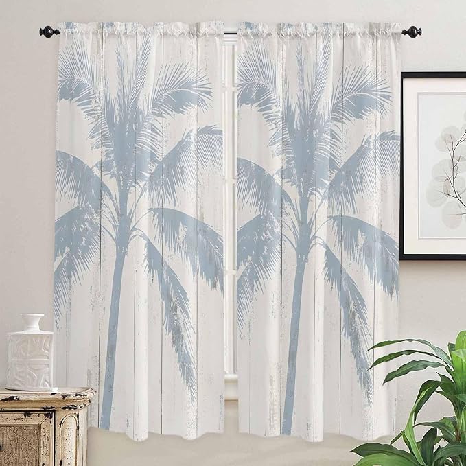 Summer Coconut Tree on Vintage Wood Grain Window Valance Curtains, Seaside
