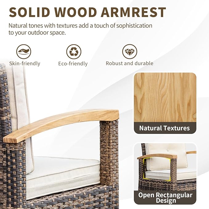 MEISSALIVVE 9 Pieces Outdoor Patio Furniture Sets,PE Wicker Patio Conversation Sets with 2 Wood Armrests Swivel Rocker Chairs,2 Single Chairs, 2-seat Sofa and Coffee Table(Brown)