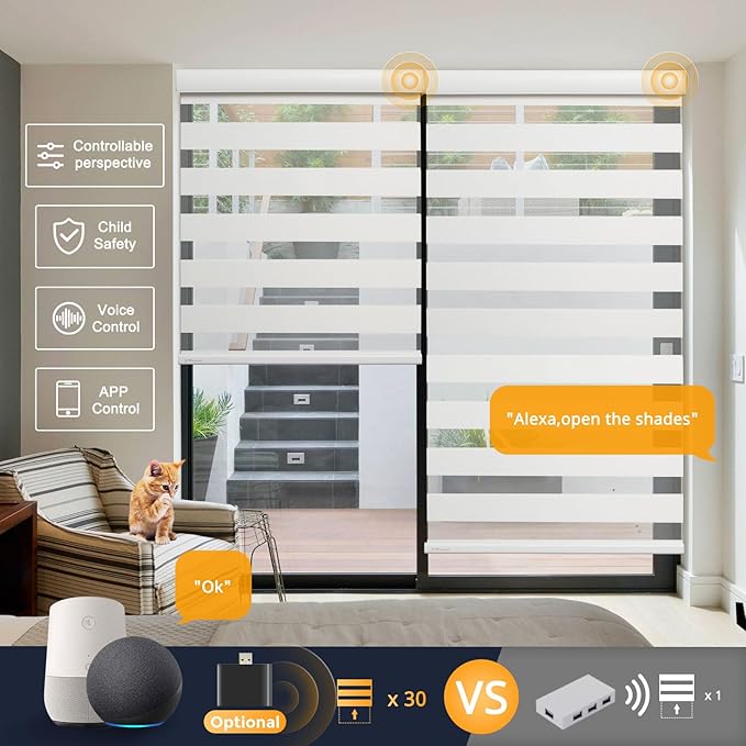 MUSCLEAREA Motorized Blinds with Remote, Cordless Automatic Zebra Shades, Smart Blind for Windows, White, 33 x 72