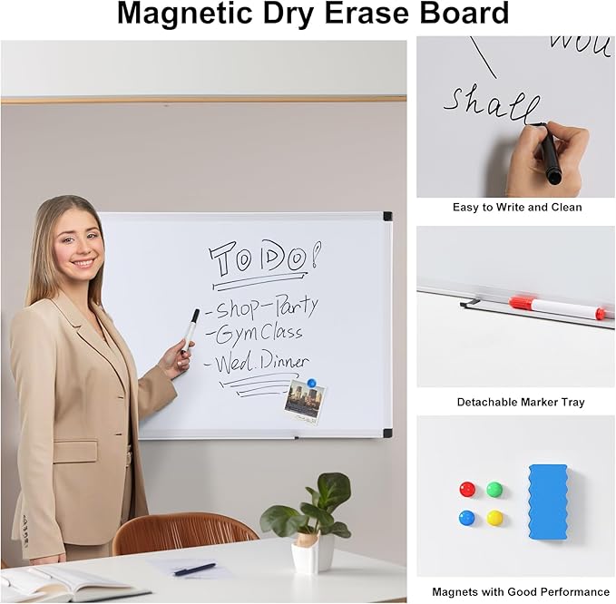 OLIXIS Magnetic White Board, Dry Erase Board for Wall 30" x 40", Whiteboard with 1 Dry Eraser & 2 Multicolor Markers & 4 Magnetic Pins, Aluminium Frame for Home, School, Office, White