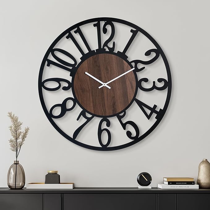 Casaformia 30'' Large Silent Wall Clock with Night Light, Glow in The Dark Decorative Wall Clock Battery Operated, Rustic Modern Metal & Wood Clocks for Bedroom Living Room Decor, Arabic Numerals