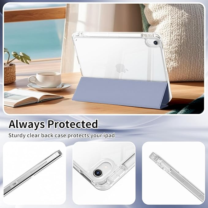 Case for iPad Air 11 Inch M4/M3/M2 Air 5th/4th Gen 10.9 Black | Pencil Holder Slim Trifold Stand Cover Clear Hard Back Shell Auto Sleep/Wake