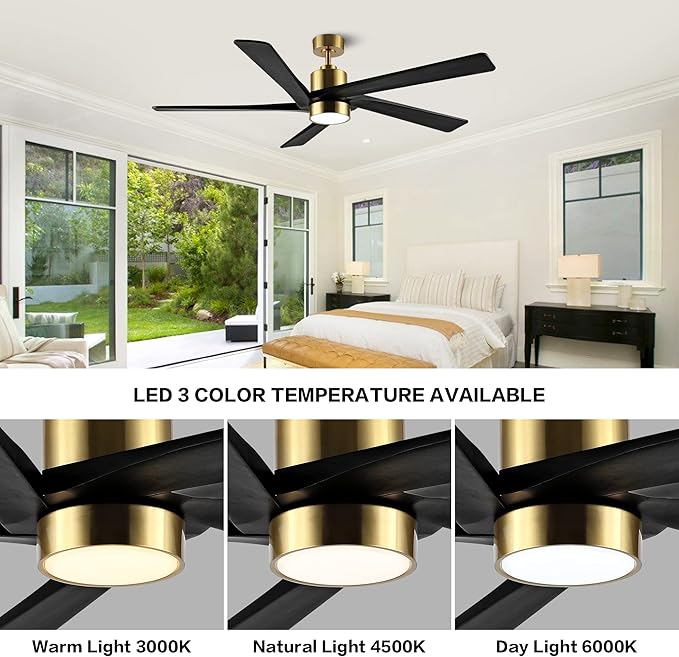 WINGBO 64 Inch DC Ceiling Fan with Lights and Remote Control, 5 Reversible Carved Wood Blades, 6-Speed Noiseless DC Motor, Modern Ceiling Fan in Brass Finish with Balck Blades, ETL Listed