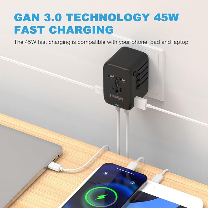 Universal Travel Adapter, GaN 45W International Power Adapter, 3 USB-C & 1 USB-A Fast Charging Travel Charger, All in One Worldwide Travel Plug Adapter, Outlet Adapter for Europe UK USA AU