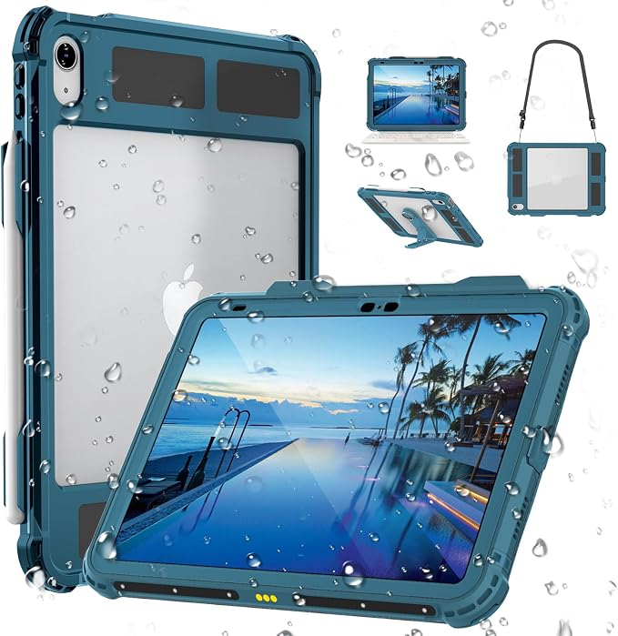 10.2 Waterproof Case Compatible with iPad 9th 8th 7th Generation 2021/2020/2019 Built-in Screen Protector with Strap Stand Pencil Holder Full Body Heavy Duty Protective Shockproof