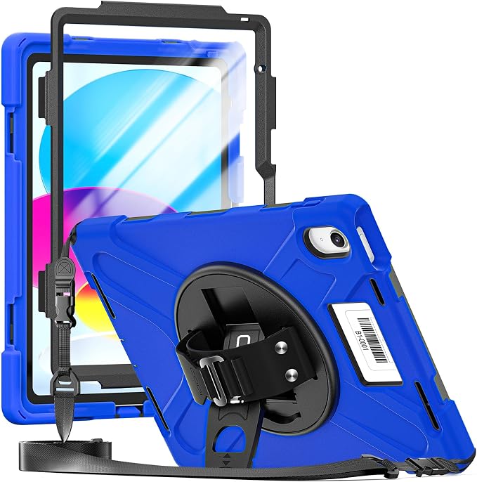 CODi Rugged iPad 11 (A16)/iPad 10.9 (10th Generation) Case with Screen Protector &amp Asset Tag Window-Blue | 360° Protection Kickstand &amp Shoulder Strap
