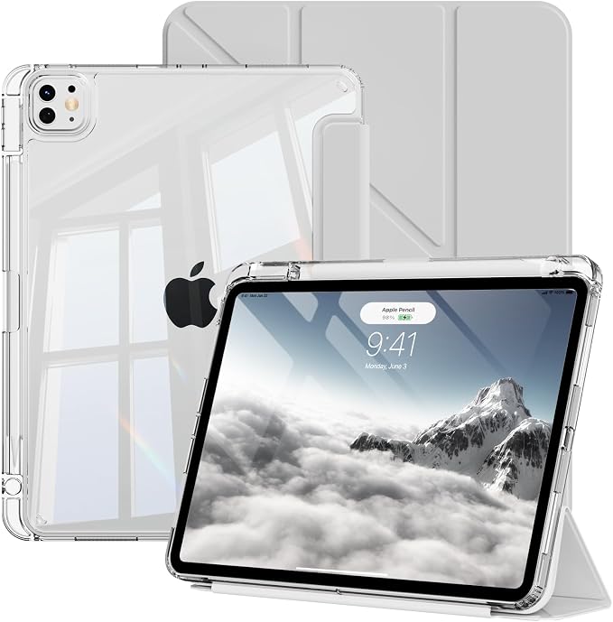 Clear Case for iPad Pro 12.9 inch 6th/5th/4th/3rd Gen with Y-fold &amp Trifold Stand Pencil Holder Support Pencil Charging [Auto Wake/Sleep] Lightweight Shockproof Hard PC Back Cover Black