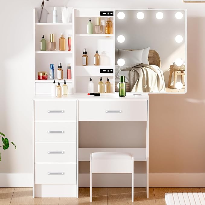 Makeup Vanity Desk with Mirror Lights, Vanity Table with 6 Drawers and Cabinet, Small Vanity Set with Chair Stool, 3 Modes Adjustable Sliding Mirror, White Vanity for Bedroom