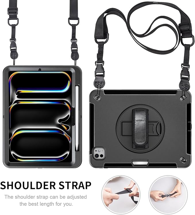 Junfire Protective Case for iPad Pro 11-inch M5/M4-Black | Hand Strap 360°Rotating Kickstand Carrying Shoulder Belt， Pencil Holder Shockproof Rugged