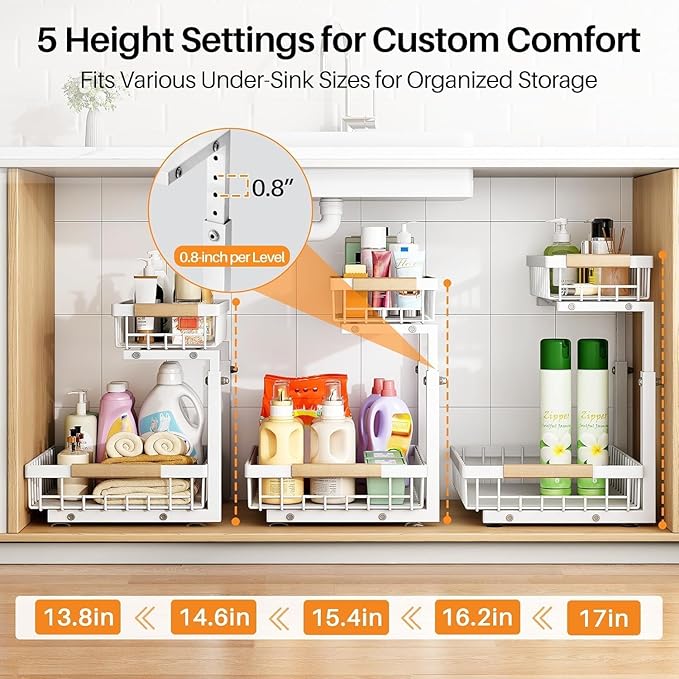 PXRACK Under Sink Organizer, Adjustable Height, 2-Pack 2 Tier Pull Out Under Cabinet Organizer, Slide Out Thickened Metal Under Sink Storage for Kitchen Bathroom Laundry Pantry Cabinet, L, White
