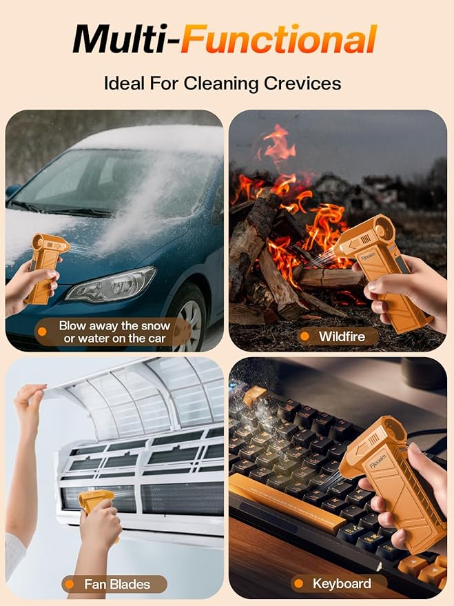 Compressed Air Duster, 130,000RPM Multi-Functional Electric Blower with 4-Speed Adjustable Settings for Dust Removal, Blowing & Suction – Ideal for Cars, Computers, Keyboards, and Outdoors（Orange）