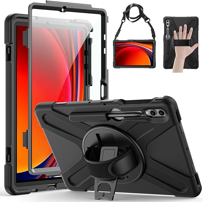 Gerutek Case for Samsung Galaxy Tab S10 FE+/ S10 FE Plus 2025 13.1 Inch Full-Body Drop Protective Case with Screen Protector Pen Holder 360° Rotate Hand Strap &amp StandShoulder Strap Black