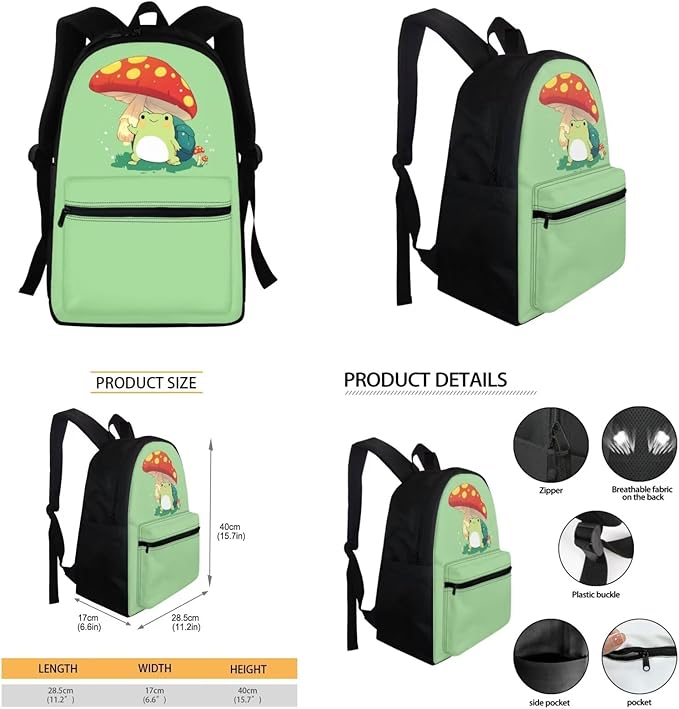 Mushroom Frog Backpack for Teen Girls 3-5 6-8 8-10 Kids School Backpack for Girls 1st 2nd 3rd Grade Elementary Kindergarten Preschool Bookbag Lunch Box Pencil Purse Water Bottle Sleeve