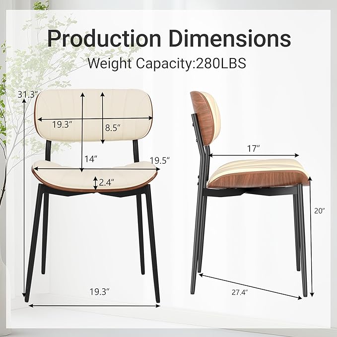 Mid Century Modern Dining Chairs Set of 2,Upholstered Faux Leather Kitchen Chairs with Walnut Bentwood Back and Metal Legs for Kitchen Dining Room Living Room, Beige