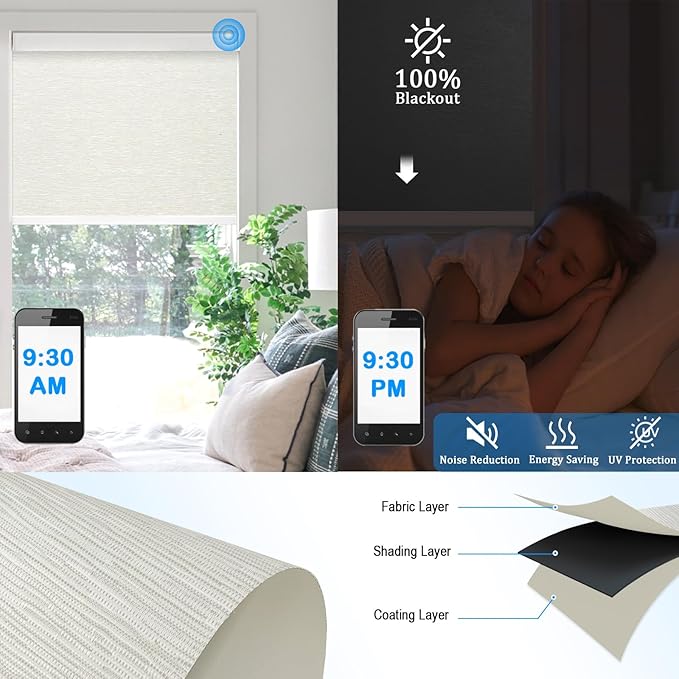 COOLWINDS Motorized Blinds with Remote Cordless Automatic Motorized Shades Custom Blinds for Windows Smart Curtains Compatible with Alexa Google Home(Blackout Jacquard Beige,W67 x H72in)