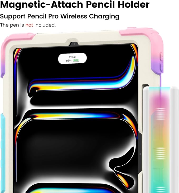 for iPad Pro 11 inch Protective Case M5 2025/M4 2024: Heavy Duty Shockproof Case with Pencil Holder - 360°Rotating Handle/Stand - Screen Protector - Shoulder Strap Black/Sky Blue