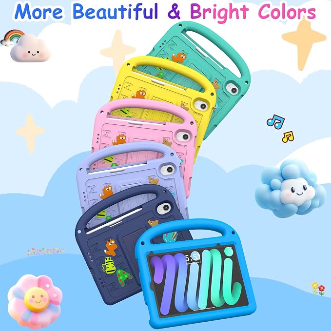 Kids Case for iPad mini 7(A17 Pro) 2024/iPad Mini 6 2021 8.3 Inch with Built-in Pencil Holder/Anti-Slip Handle/Foldable Stand Shockproof Protective iPad mini 7th/6th Generation Case 8.3 Inch