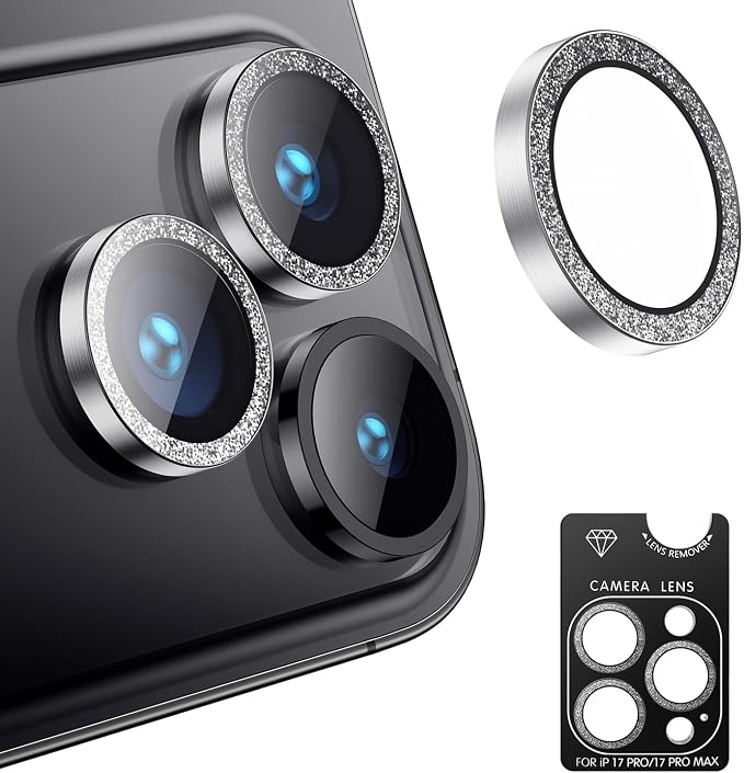 Korecase for iPhone 17/iPhone 16/iPhone 16 Plus Camera Lens Protector Bling 9H Tempered Glass Anti Scratch Camera Screen Protector Shockproof Film Metal Ring Lens Protector Glitter-Black