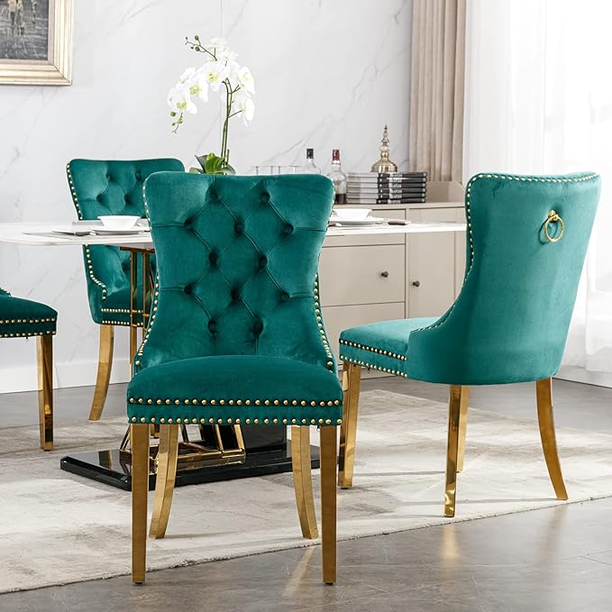 Luxury Upholstered Dining Chairs Set of 2, Green Kitchen Chair with Golden Metal Legs, Velvet Tufted Back Dining Chair, Sillas de Comedor, Modern Kitchen & Dining Room Chairs (Green, 2 Pcs)