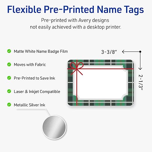 Avery Printable Christmas Adhesive Name Badges, Rectangle, 2-1/3" x 3-3/8", Pre-Printed Green & Metallic Silver Plaid with Red Bow Design, Matte White, Laser & Inkjet Compatible, 80 Total
