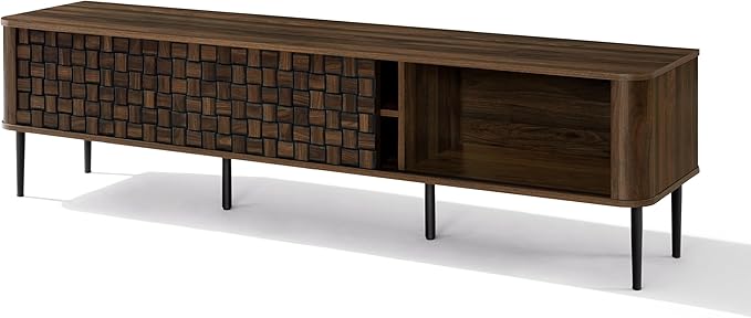 LuxenHome TV Stand for Living Room up to 80'' TVs, 71" Mid Century Modern Dark Oak Finish Wood with Basket Weave Design Entertainment Center with Storage, Media Console TV Console Cabinet for Entryway