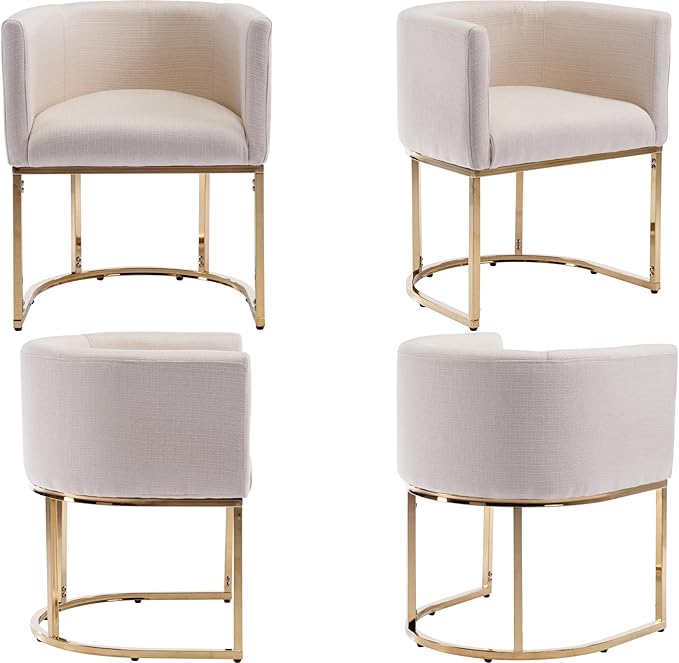 Linen Fabric Dining Chairs Set of 6 Modern Barrel Arm Chairs with Golden Frame, Upholstered Kitchen Chairs 18.5" Wide Accent Chairs for Living Room Dining Room Restaurant, Cream