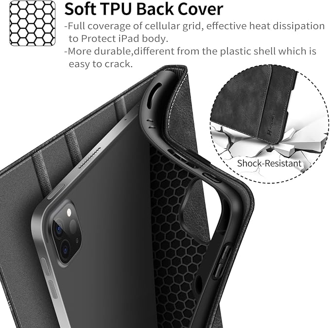 Case for iPad Pro 13 inch Case M5 2025/M4 2024 with Pencil Holder | Supports Pencil Pro/Pencil Auto Sleep/Wake Function Vegan Leather Smart Stand Cover (Black)