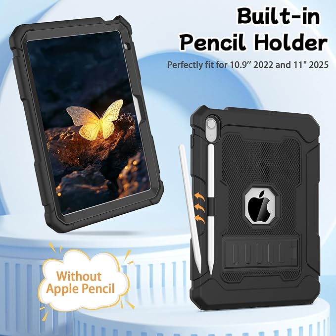 LTROP Case for iPad A16 11th Generation 2025 11 Inch / 10th Generation 2022 10.9 Inch with Kickstand and Pencil Holder Shockproof Rugged Protective iPad 11 inch Cover Black