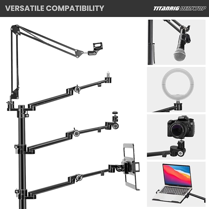TARION Overhead Camera Desk Mount: 4-in-1 Heavy Duty Mount Set with 1 Mic Boom Stand + 3 Articulating Arms for DSLR Cameras Ring Light Monitor Laptop - Live Stream Stand TitanRig Desk