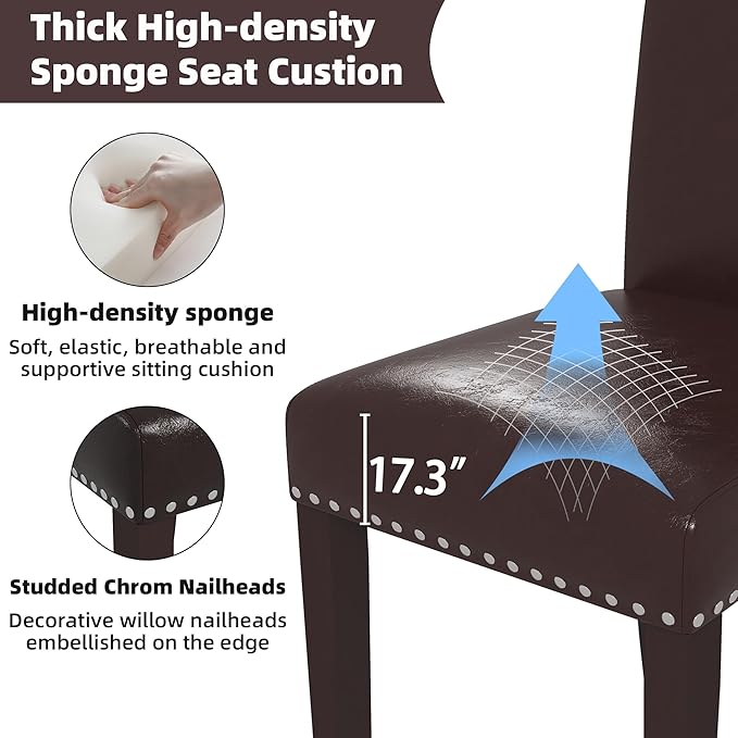 Westice Dining Room Chairs Set of 2 Upholstered PU Leather Kitchen Chairs Dining Room Side Chair with Nailhead Trim and Rubber Wood Legs for Small Space Apartment, Brown