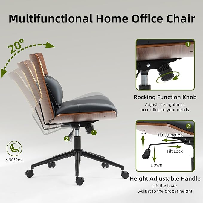 Rattan Office Chair, Criss Cross Legged Office Desk Chairs with Wheels, PU Leather Adjustable Swivel Walnut Task Chair with Wide Seat, Ergonomic Mid Back Computer Chair for Meeting Room, Home