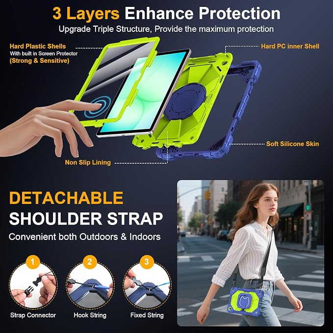 Case for Samsung Galaxy Tab A9 Plus 11 Inch 2023 Ubearkk Rugged Case for Samsung Galaxy A9+ Tablet SM-X210/X216/X218 with Screen Protector 360 Rotating Stand Shoulder Strap Pen Holder Black