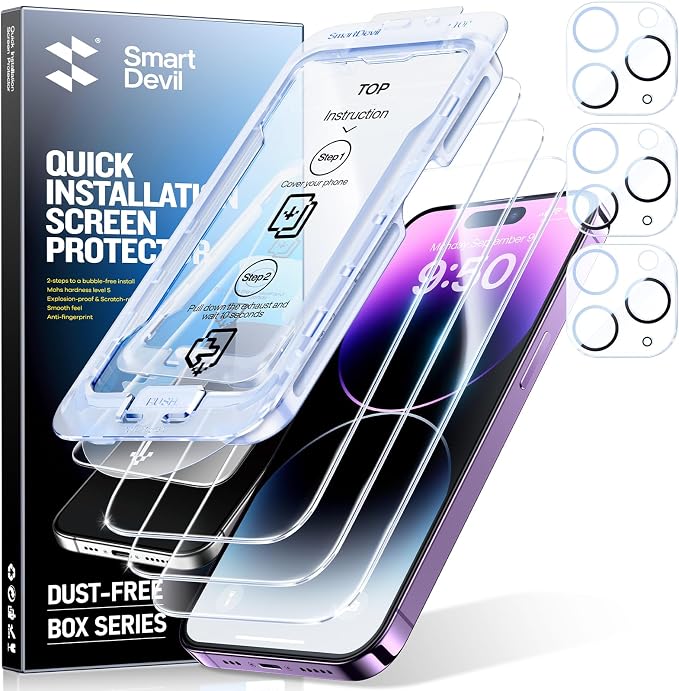 SMARTDEVIL (3+3 Pack HD Clear Screen Protector for iPhone 14 Pro Max with 3 Camera Lens Protectors 9H Tempered Glass Shatter-Resistant SmartPull Dust &amp Bubble-Free Install Frame Case-Friendly