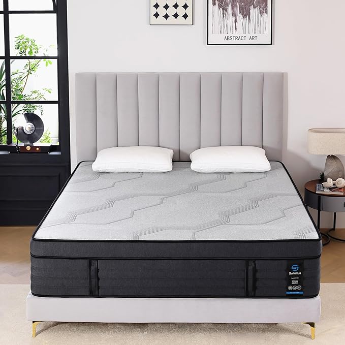 Suiforlun 15" California King Mattress, Gel & Bamboo Charcoal Infused Memory Foam, Medium Euro Top Hybrid Pocket Spring Mattress for Restful Sleep, Pressure Relief and Edge Support, 120 Nights Trial