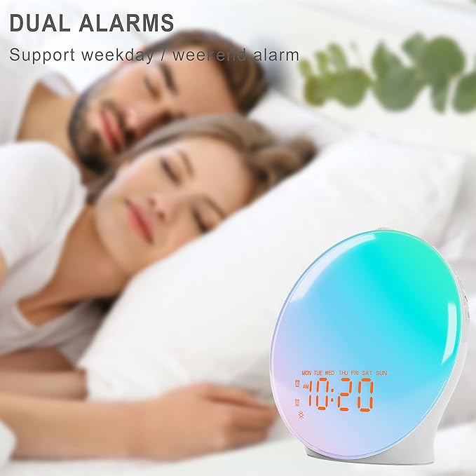 Wake Up Light Sunrise Alarm Clock for Bedroom, 17 Nightlights, Sound Machine with 5W Bluetooth Speaker, 25 Soothing Sounds, SleepTimer, Dual Alarms, FM Radio, Ideal Gift for Baby, Kids, Adults, Senior