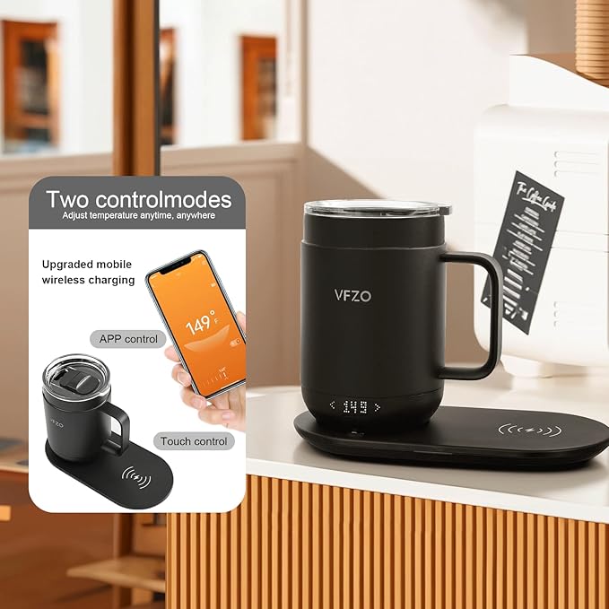 VFZO 16Oz Temperature Control Smart Mug, Self Heating Coffee Mug LED Display, 180 Min Battery Life - Hot up to 149℉ Fast Wireless Charger Base Improved Design (16oz, Orange)