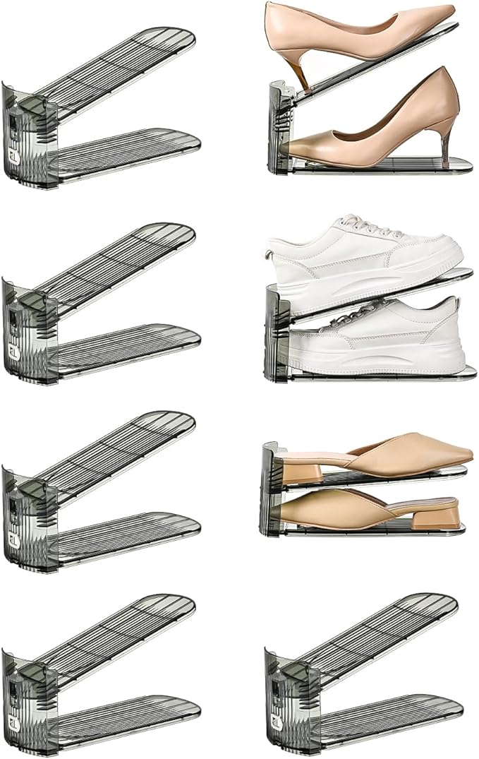 Shoe Slots Organizer, Clear Shoe Stacker, Adjustable Level Shoe Rack,Storage Space Saver for Sneakers Display (Grey Transparent, 8Pack)