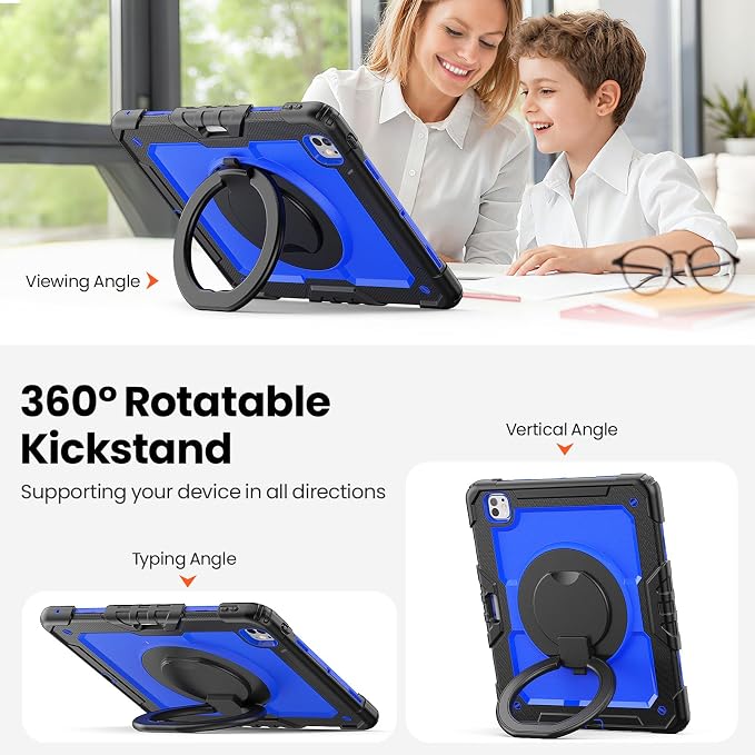 for iPad Pro 11 inch Protective Case M5 2025/M4 2024: Heavy Duty Shockproof Case with Pencil Holder - 360°Rotating Handle/Stand - Screen Protector - Shoulder Strap Black/Sky Blue