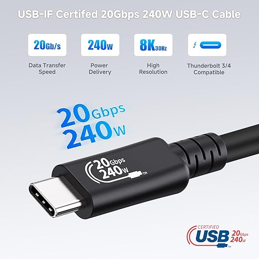 Cable Matters [USB-IF Certified] USB4 Cable with Side Screw Lock 6.6ft | [8K@30Hz / 4K@120Hz Video 240W Charging 20Gbps Data Transfer] USB C Screw Lock / USB-C Locking Cable