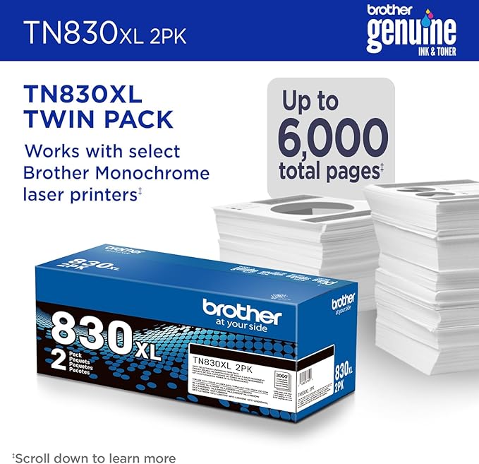 Brother Genuine TN830XL 2PK Black High Yield Printer Toner Cartridge 2-Pack – Print up to 3,000 Pages Each(1)