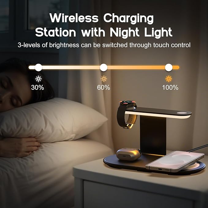 Aluminum 4-in-1 Charging Station for Samsung/Android with 3-Level Night Light, 18W Wireless Charger for Galaxy S25 Ultra/S24/S23/S22/Note 20,Galaxy Watch Ultra/8/7,Galaxy Buds 3 Pro(Black)