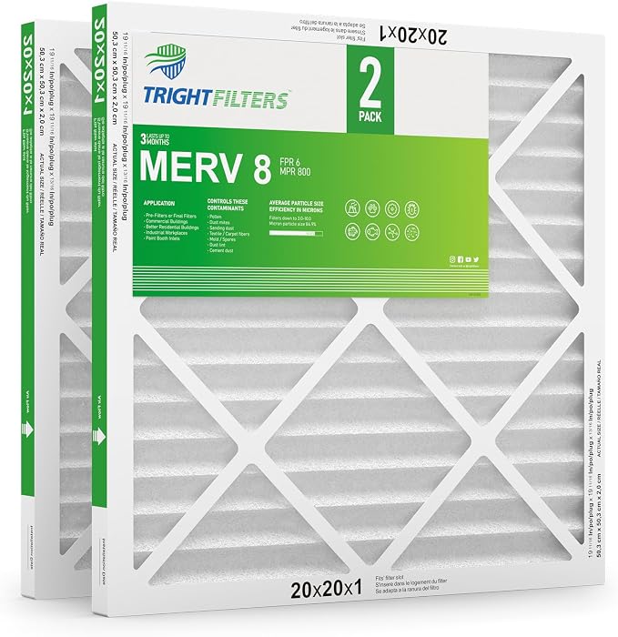 20x20x1 Air Filter 2 Pack, Durable MERV 8 Pleated Home HVAC AC Furnace Filters