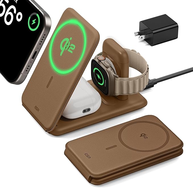 ESR 3 in 1 Charging Station for Apple, Certified Apple Watch Charger, 15W MagSafe Charger Stand for iPhone, Travel Charger for iPhone 17/16/15/14/13, Watch, AirPods,Brown