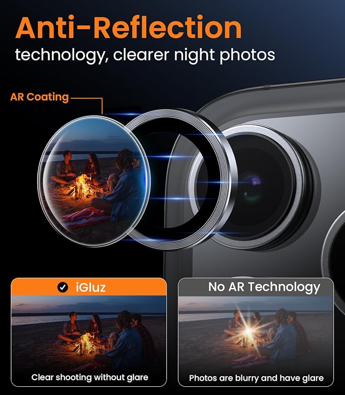 iGluz 2 Pack Anti-Reflection Camera Lens Protector for iPhone 17/16/16 Plus [98% Transmittance][1-Step Installation][Strong Adsorption] 9H Shatterproof Tempered Glass-Black