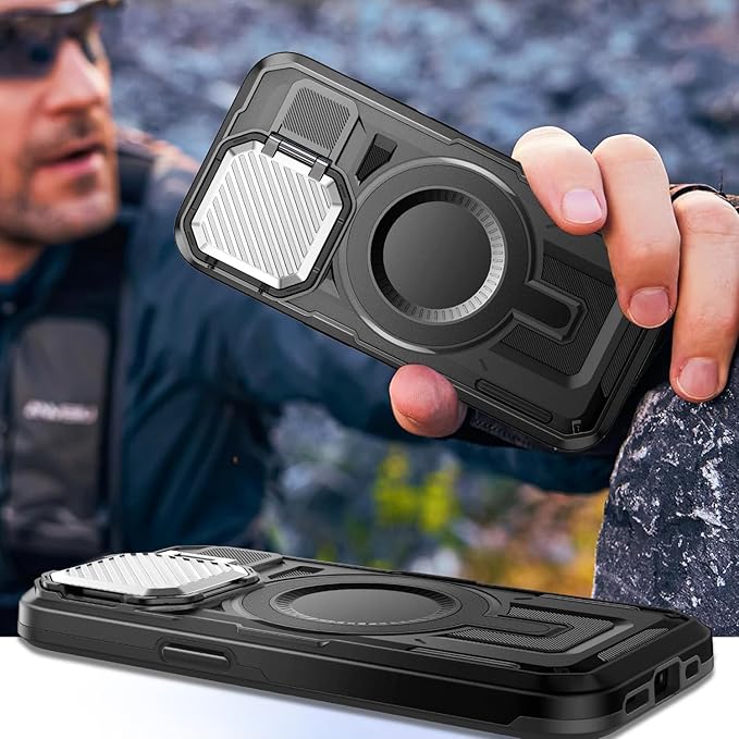 Camera Stand Case for iPhone 12 Pro Max, [Compatible with MagSafe] [Lens Cover] 2024 Version Military Grade Protective Soft Case for iPhone 12 Pro Max 6.7 inch Men Women, Black