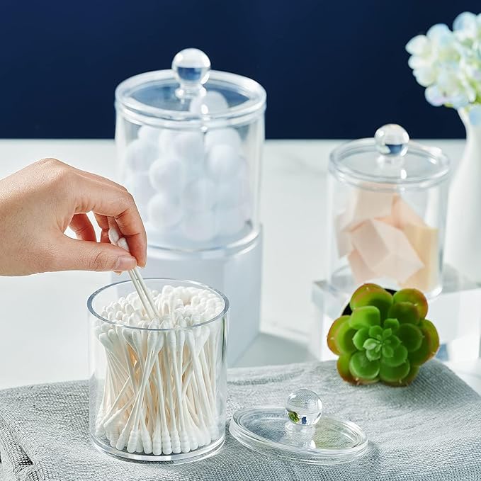 SheeChung 8 Pack Clear Acrylic Apothecary Jars with Labels,(4) 12oz & (4) 10oz Qtip Holder Set,Shatterproof Bathroom Vanity Organizer for Cotton Swabs,Balls,Pads,Bathroom Essentials,Minimalist Decor