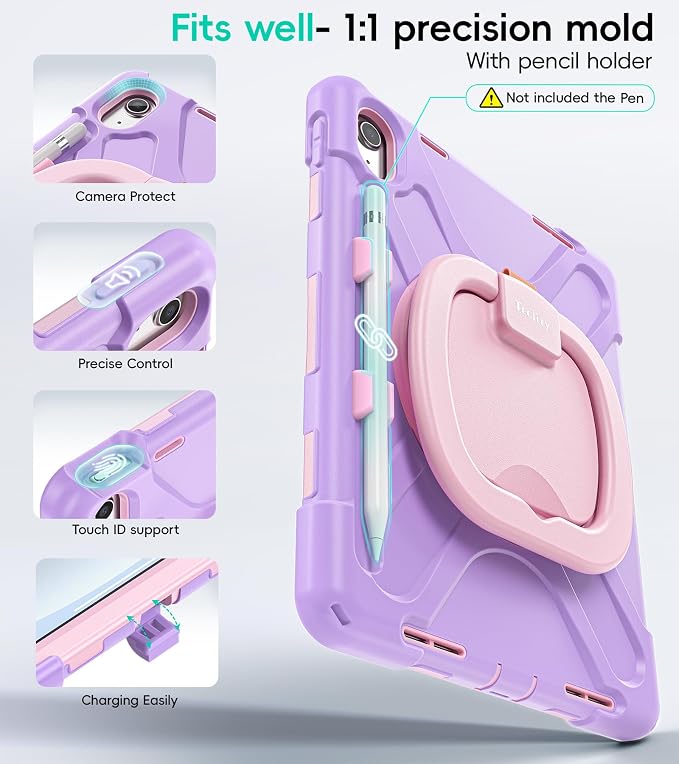 Case for iPad (A16) 11th/10th Generation - 2025/2022 (11″/10.9″) | 4 Layers Drop Protection iPad Case with Screen Protector 360° Rotating Stand Shoulder Strap Pencil Holder Black