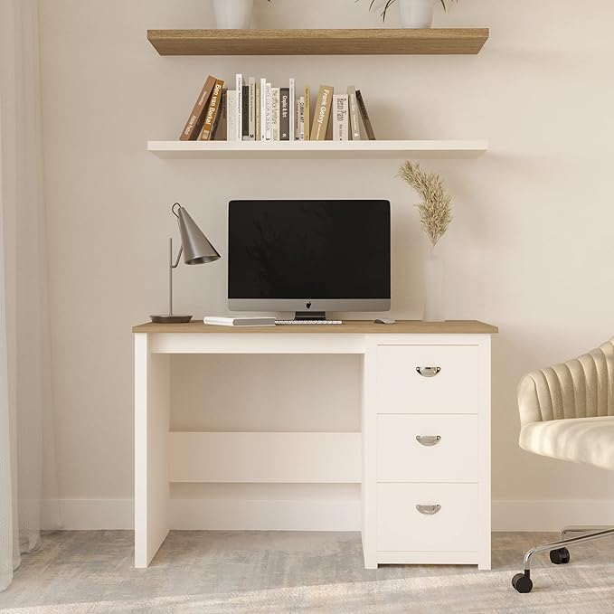 Computer Desk - Traditional Desk with Attached 3-Drawer File Cabinet - for Home Office, Bedroom, Computer, or Craft Table by Lavish Home (White)